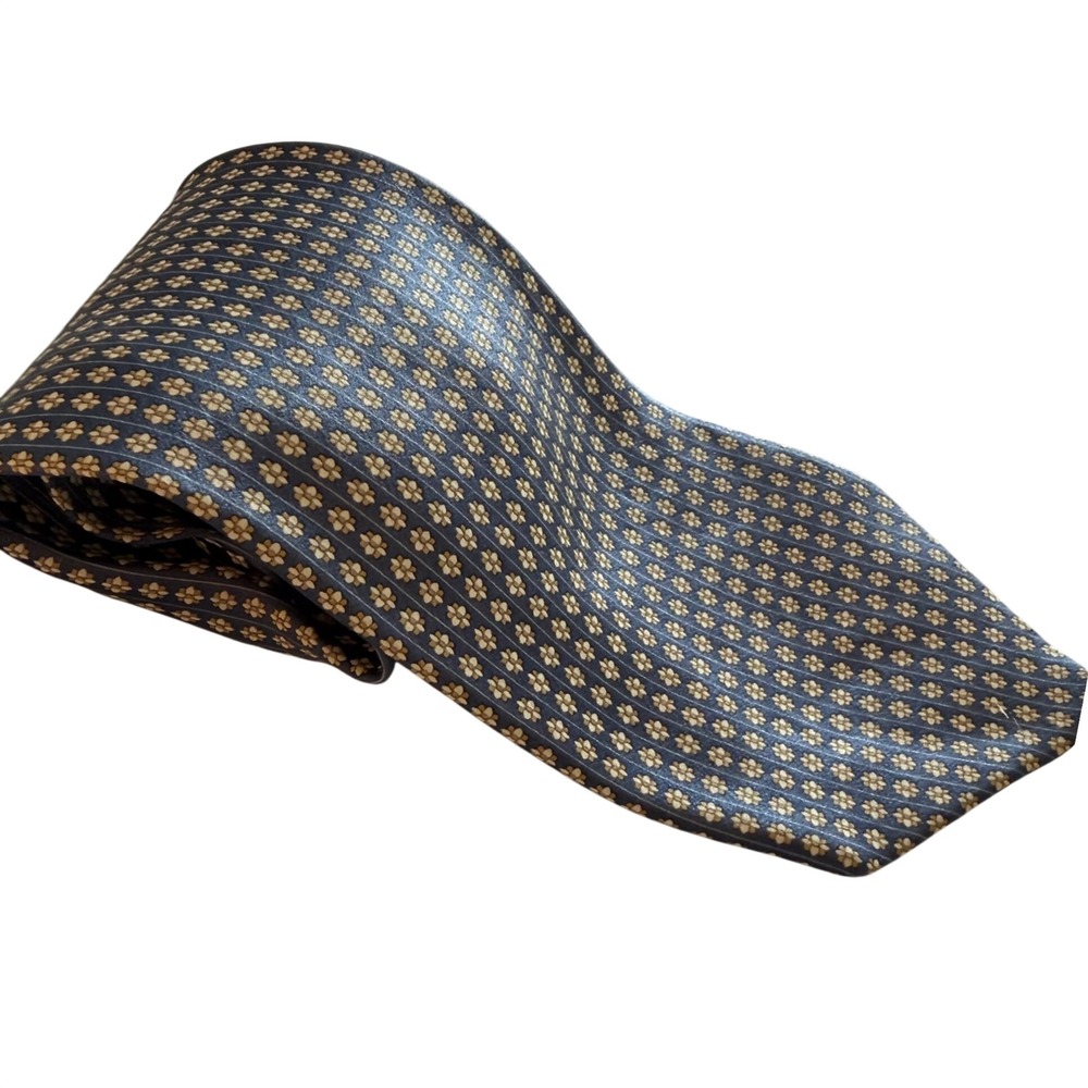 Geoffrey Beene Mens Blue Tan Floral Medallion Silk Necktie Made in Italy Classic